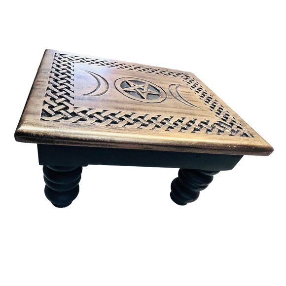 Handcrafted Triple Moon Altar Table with Pentagram - Wiccan Witchcraft Wooden Su - Picture 14 of 15